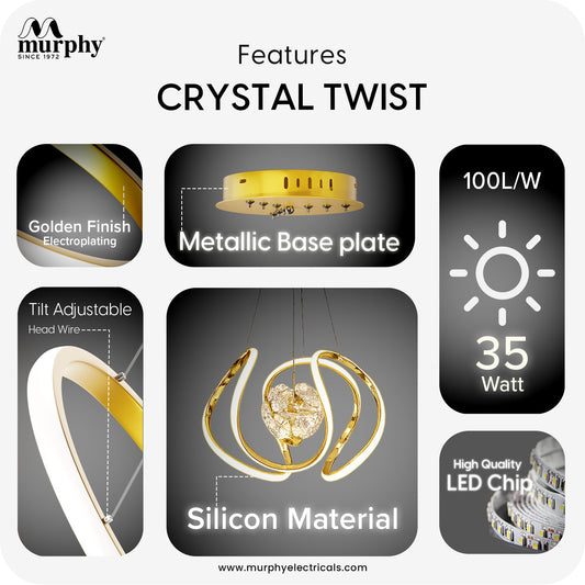 Murphy Crystal Twist 35W Modern LED Chandelier Hanging Ceiling Light | 3 Color Changing (Warm White, Natural White, Cool White) | Gold Finish Decorative Light for Living Room