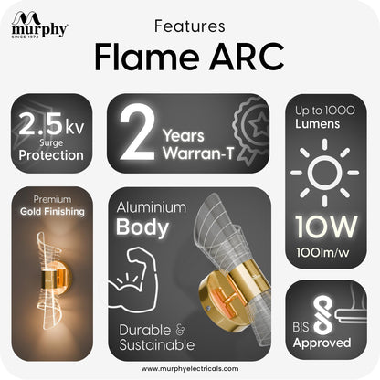 Murphy Flame ARC 10W LED Wall Light, 3C Color Changing (Warm/Natural/Cool White), Golden Finish, Acrylic & Metal Wall Lamp for Bedroom & Living Room, BIS Approved, 2 Year Warranty