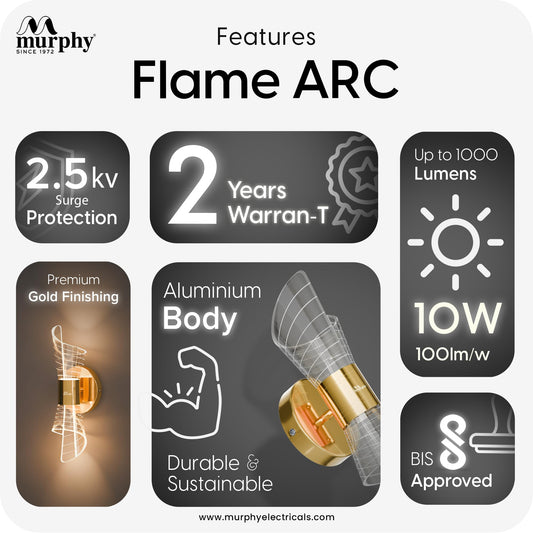 Murphy Flame ARC 10W LED Wall Light, 3C Color Changing (Warm/Natural/Cool White), Golden Finish, Acrylic & Metal Wall Lamp for Bedroom & Living Room, BIS Approved, 2 Year Warranty