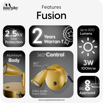 Fusion 3W LED Wall Reading Light | Warm White | Gold Finish