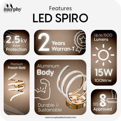 Murphy LED Spiro Wall Lamp| 15W Modern Spiral Wall Sconce with 3 Color Change | Warm White Natural White Cool White | Premium French Gold Aluminium Body | 2 Year Warranty