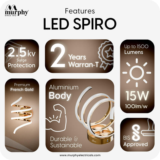 Murphy LED Spiro Wall Lamp| 15W Modern Spiral Wall Sconce with 3 Color Change | Warm White Natural White Cool White | Premium French Gold Aluminium Body | 2 Year Warranty