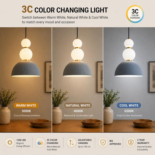 Murphy Pearl Drop 12W LED Pendant Light | 3C Color Changing Warm/Natural/Cool White | Golden Grey Finish | Adjustable Hanging Ceiling Lamp | BIS Approved | 2 Year Warranty