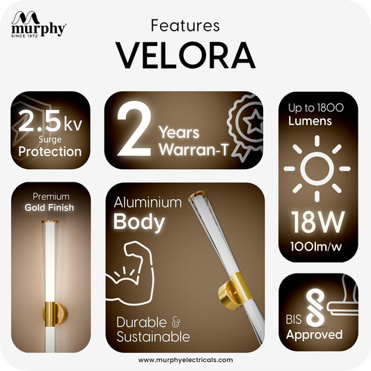 Murphy VELORA 18W LED Mirror Light, 3C Color Changing (CW/WW/NW), Golden Finish, Wall Mounted Vanity & Picture Light for Bathroom & Dressing, Modern Indoor Light, 2 Year Warranty