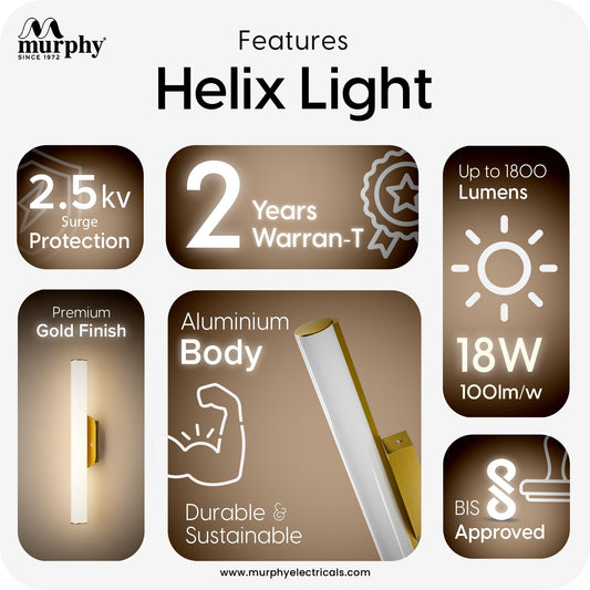 Murphy Helix 18W LED Picture Light, 3C Color Changing (CW/WW/NW), Antique Gold Finish, Modern Wall Mounted Mirror Light for Bathroom, Dressing & Artwork Lighting (Pack of 1)