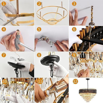 Murphy Black & Gold Crystal Pendant Light| 12 Inch Round Luxury Ceiling Chandelier with Metal Frame & Crystal Tubes for Living Room, Dining Room, Bedroom & Hall