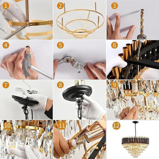 Murphy Black & Gold Crystal Pendant Light| 12 Inch Round Luxury Ceiling Chandelier with Metal Frame & Crystal Tubes for Living Room, Dining Room, Bedroom & Hall