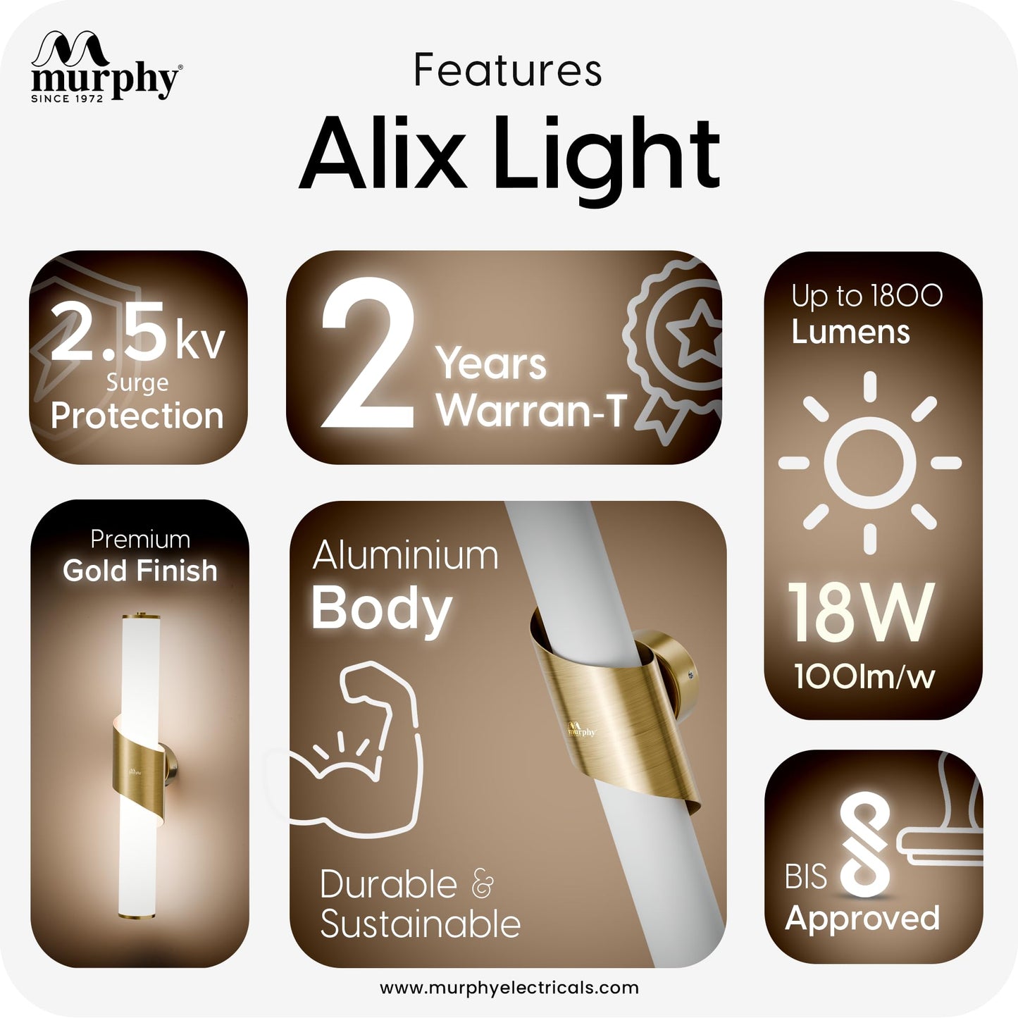 Murphy ALIX 18W LED Wall Lamp, 3C Color Changing (Cool White/Warm White/Neutral White), Golden Finish with Smoky Acrylic, Modern Wall Sconce for Bedroom, Living Room & Bedside
