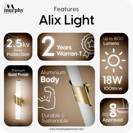 Murphy ALIX 18W LED Wall Lamp, 3C Color Changing (Cool White/Warm White/Neutral White), Golden Finish with Smoky Acrylic, Modern Wall Sconce for Bedroom, Living Room & Bedside