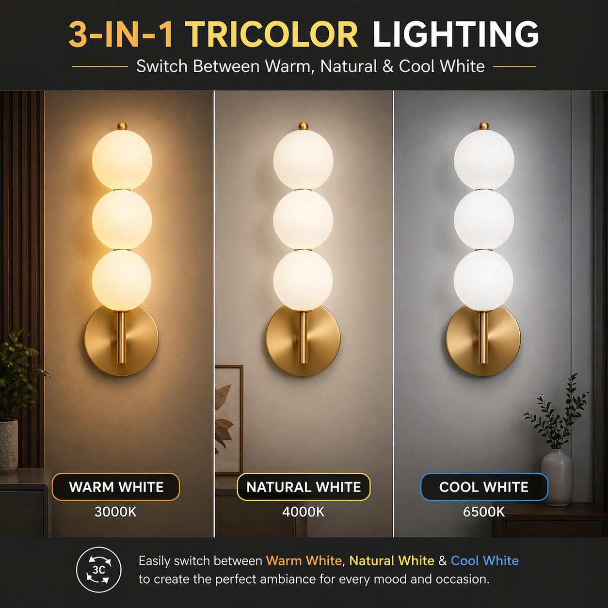 Murphy ORBIX 3 Ball LED Wall Lamp 12W, 3C (Warm/Cool/Natural White), Golden White, Metal & Acrylic, Modern Decorative Wall Light for Living Room & Bedroom, BIS Approved, 2 Year Warranty