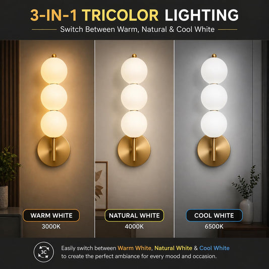 Murphy ORBIX 3 Ball LED Wall Lamp 12W, 3C (Warm/Cool/Natural White), Golden White, Metal & Acrylic, Modern Decorative Wall Light for Living Room & Bedroom, BIS Approved, 2 Year Warranty