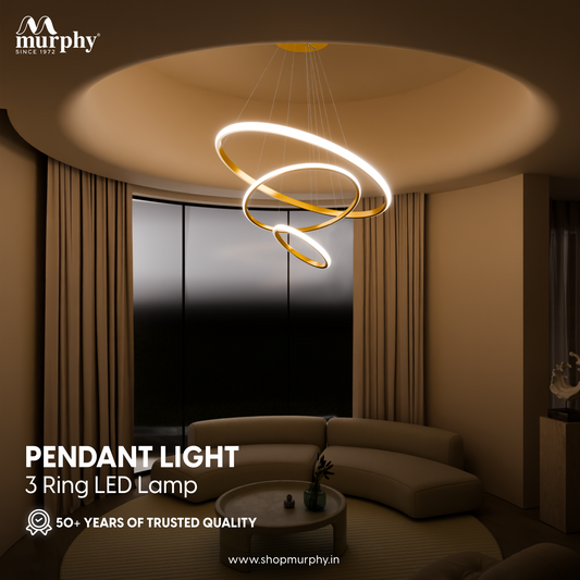 Murphy 3 Ring Modern LED Chandelier Ceiling Lamp | Gold Finish Pendant Light with 3 Color Modes (Cool White, Warm White, Natural White) for Living Room, Hall, Dining, Lobby