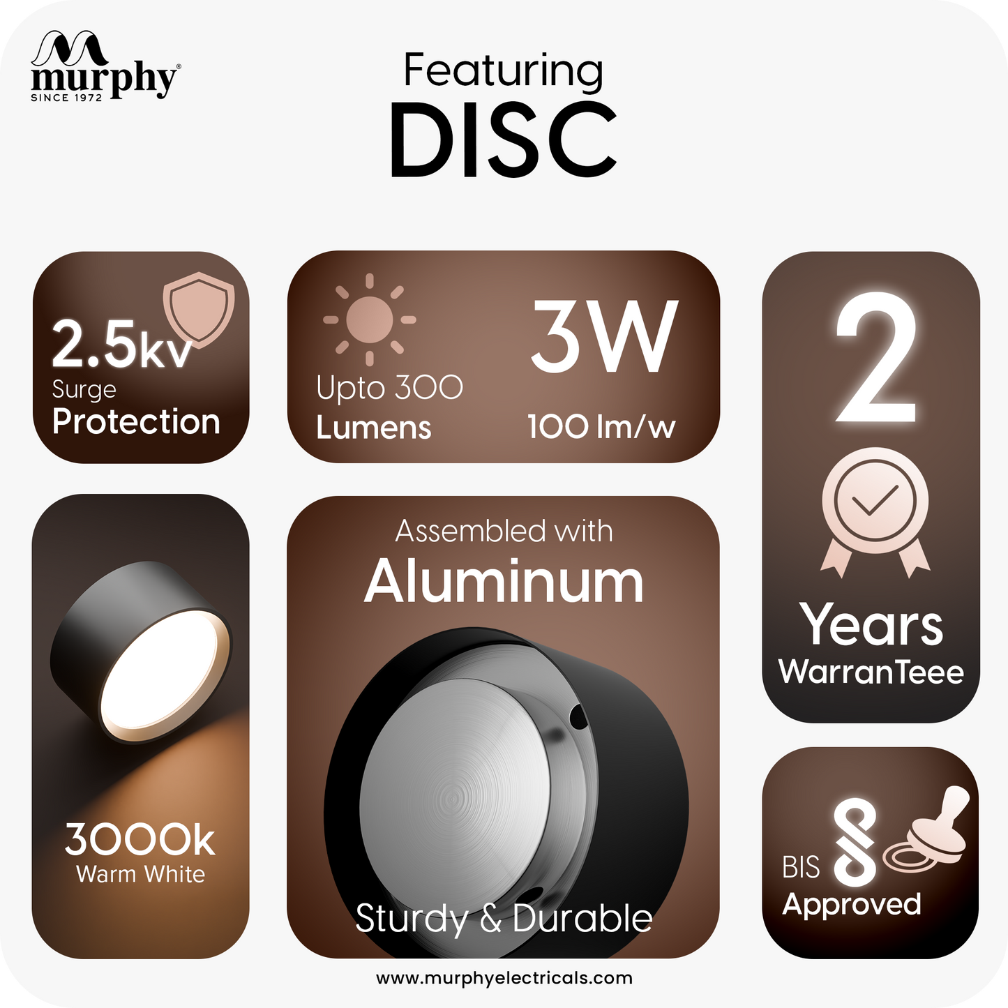 Murphy 3W LED Disc Surface Light Black Finish Aluminium Body | BIS Approved