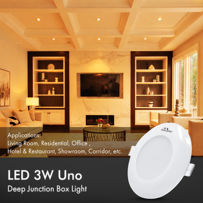Murphy LED Uno 3W Round Deep Junction Box Light for False Ceiling | Cool White Mini Downlight | Anti-Glare Diffuser | Surge Protection | 45mm Cutout | 2 Years Warranty |Pack of 1