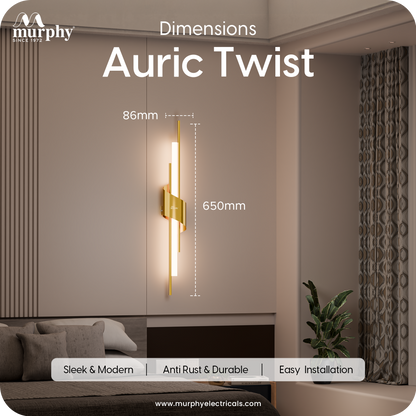 Murphy Auric Twist 12W Decorative LED Wall Lamp | Warm White Wall Light | Premium Gold Finish | Modern Wall Sconce for Living Room, Bedroom & Hallway | 2 Year Warranty