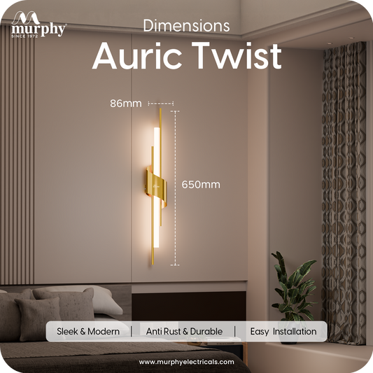 Murphy Auric Twist 12W Decorative LED Wall Lamp | Warm White Wall Light | Premium Gold Finish | Modern Wall Sconce for Living Room, Bedroom & Hallway | 2 Year Warranty