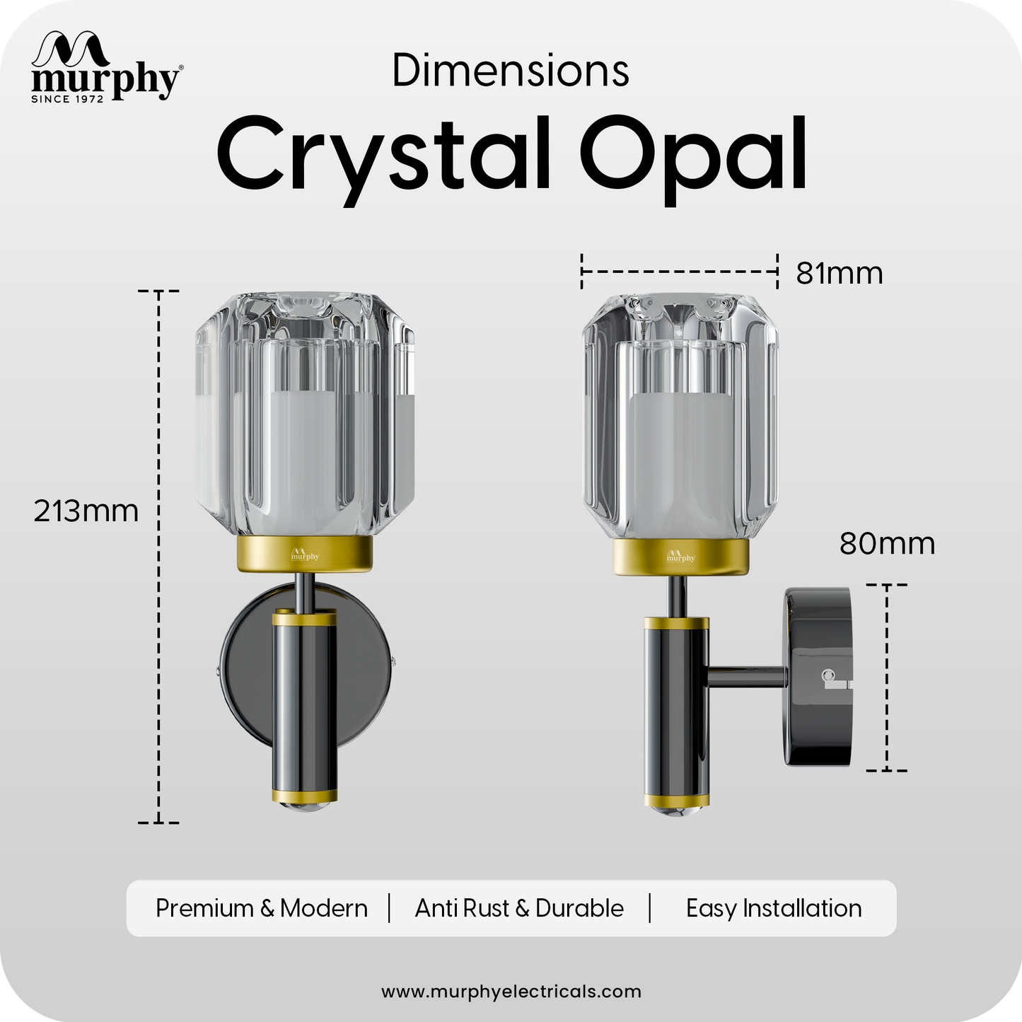 Murphy Opal Crystal 6+3W LED Wall Light with Spot Light, 3C Color Changing (Warm/Natural/Cool White), Gunmetal Golden Finish, Metal & Glass Wall Lamp, BIS Approved, 2 Year Warranty