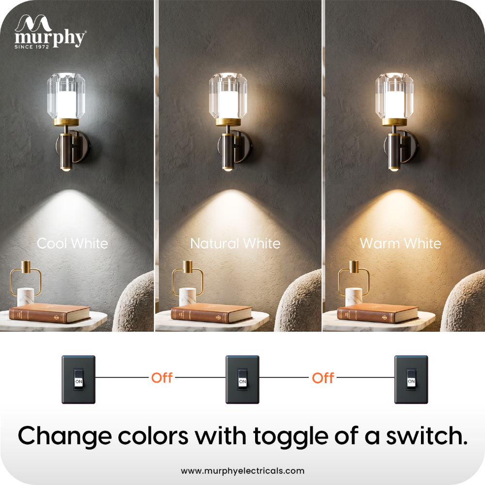Murphy Opal Crystal 6+3W LED Wall Light with Spot Light, 3C Color Changing (Warm/Natural/Cool White), Gunmetal Golden Finish, Metal & Glass Wall Lamp, BIS Approved, 2 Year Warranty