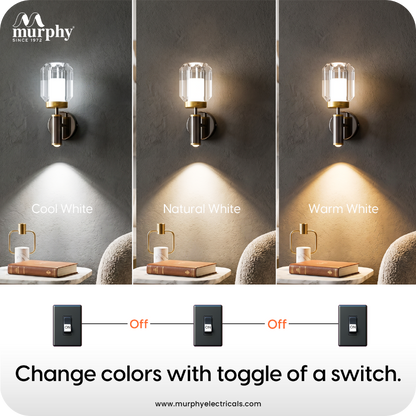 Murphy Opal Crystal 6+3W LED Wall Light with Spot Light, 3C Color Changing (Warm/Natural/Cool White), Gunmetal Golden Finish, Metal & Glass Wall Lamp, BIS Approved, 2 Year Warranty