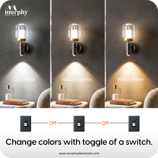 Murphy Opal Crystal 6+3W LED Wall Light with Spot Light, 3C Color Changing (Warm/Natural/Cool White), Gunmetal Golden Finish, Metal & Glass Wall Lamp, BIS Approved, 2 Year Warranty
