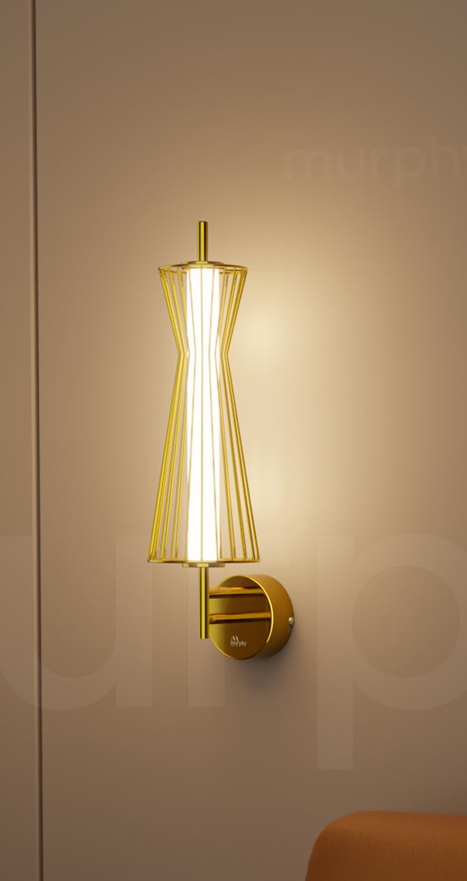 Murphy Cage Line 12W Wall Lamp | 3-in-1 Color Changing LED (Cool White/Warm White/Natural White) with 2-Year Warranty | Premium Golden Finish Decorative Light