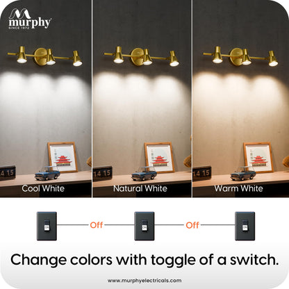 Murphy TriGlow 3x5W LED Wall Track Light, 3C Color Changing (CW/WW/NW), Golden Finish, Adjustable 3 Spotlight Fixture, 15W Indoor Wall Lamp for Living Room & Home Office