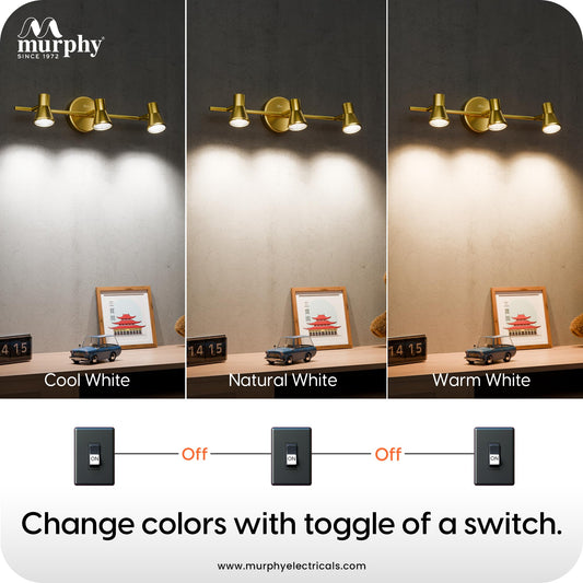 Murphy TriGlow 3x5W LED Wall Track Light, 3C Color Changing (CW/WW/NW), Golden Finish, Adjustable 3 Spotlight Fixture, 15W Indoor Wall Lamp for Living Room & Home Office