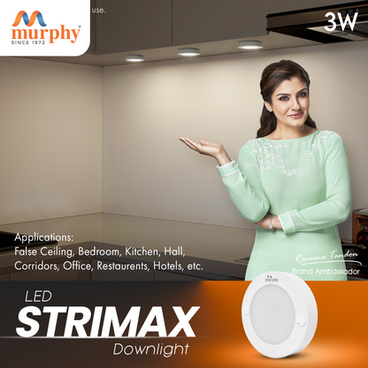Murphy STRIMAX 3W Surface LED Downlight | Slim Round Cabinet Light | Cool White| Energy Efficient | Long Lifespan| 2 Years Warranty