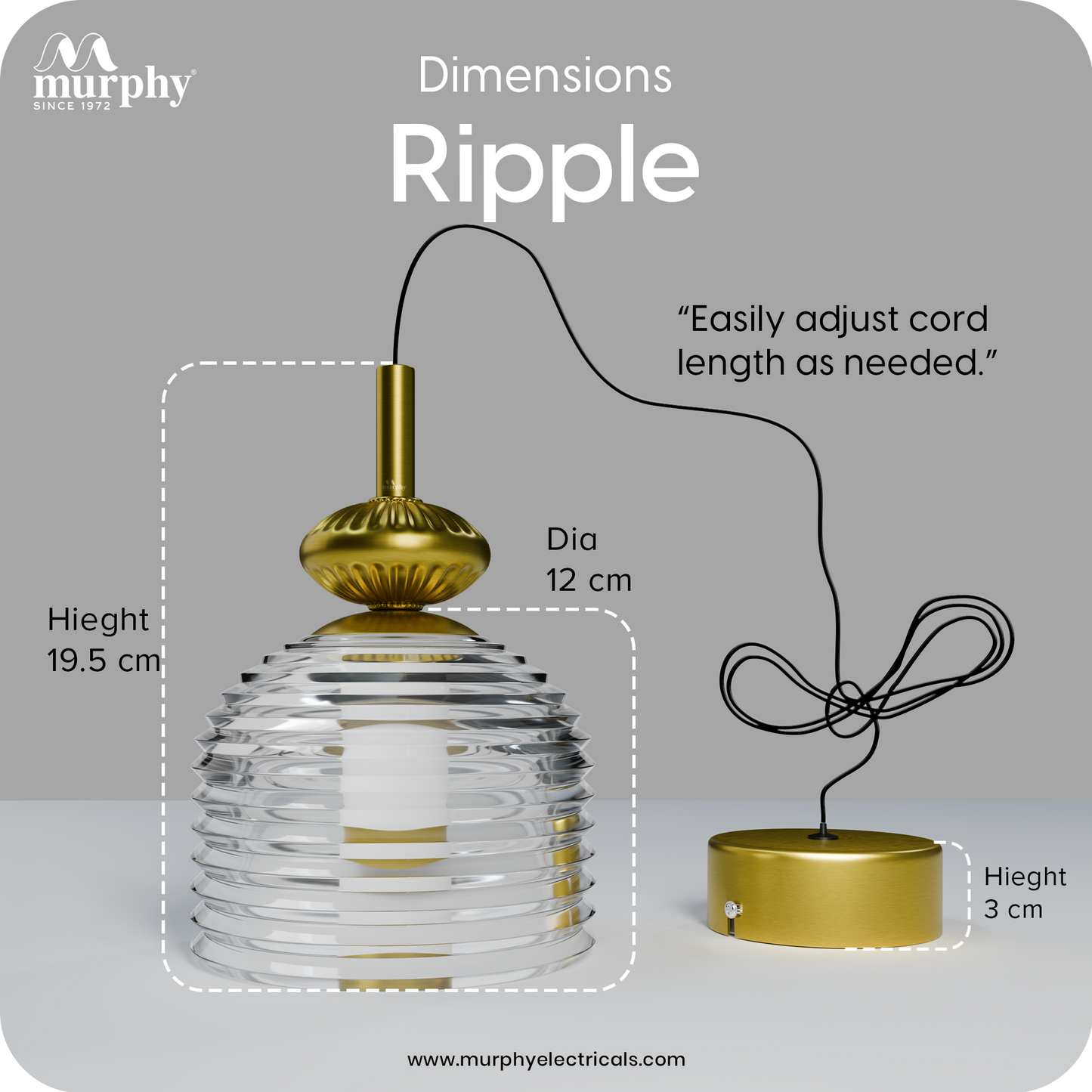 Murphy Ripple Pendant 9W LED Hanging Light | 3C Color Changing Warm/Natural/Cool White | Golden Finish | Ideal for Bedroom & Living Room | BIS Approved | 2 Year Warranty