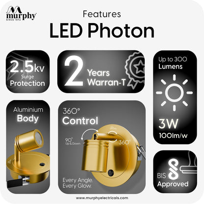 Murphy Photon 3W COB LED Premium Wall Reading Light | Gold Finish | Warm White | 300 Lumens | BIS Approved |