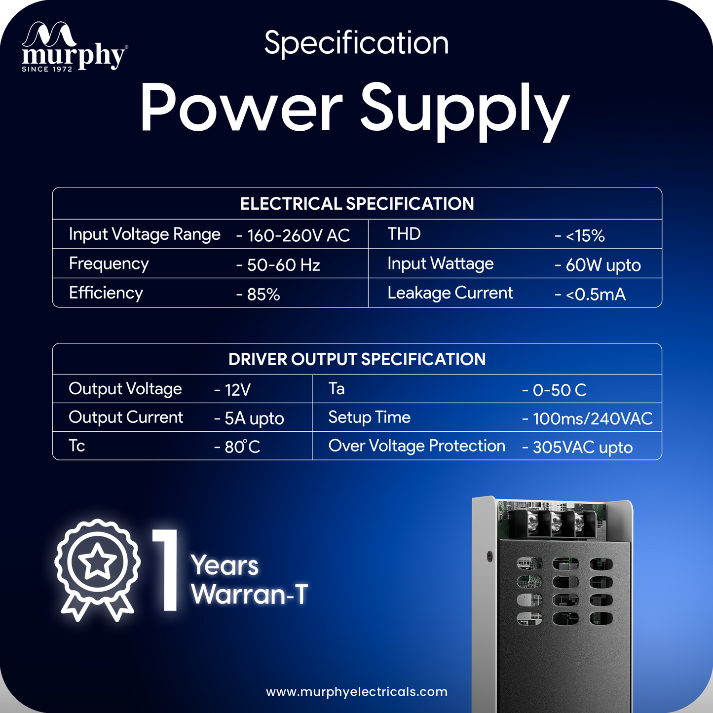 Murphy 5A 12V DC LED Driver (SMPS) | Constant Voltage Power Supply for Indoor LED Strip Lights | Aluminium Body | BIS Approved | (1-Year Warranty)