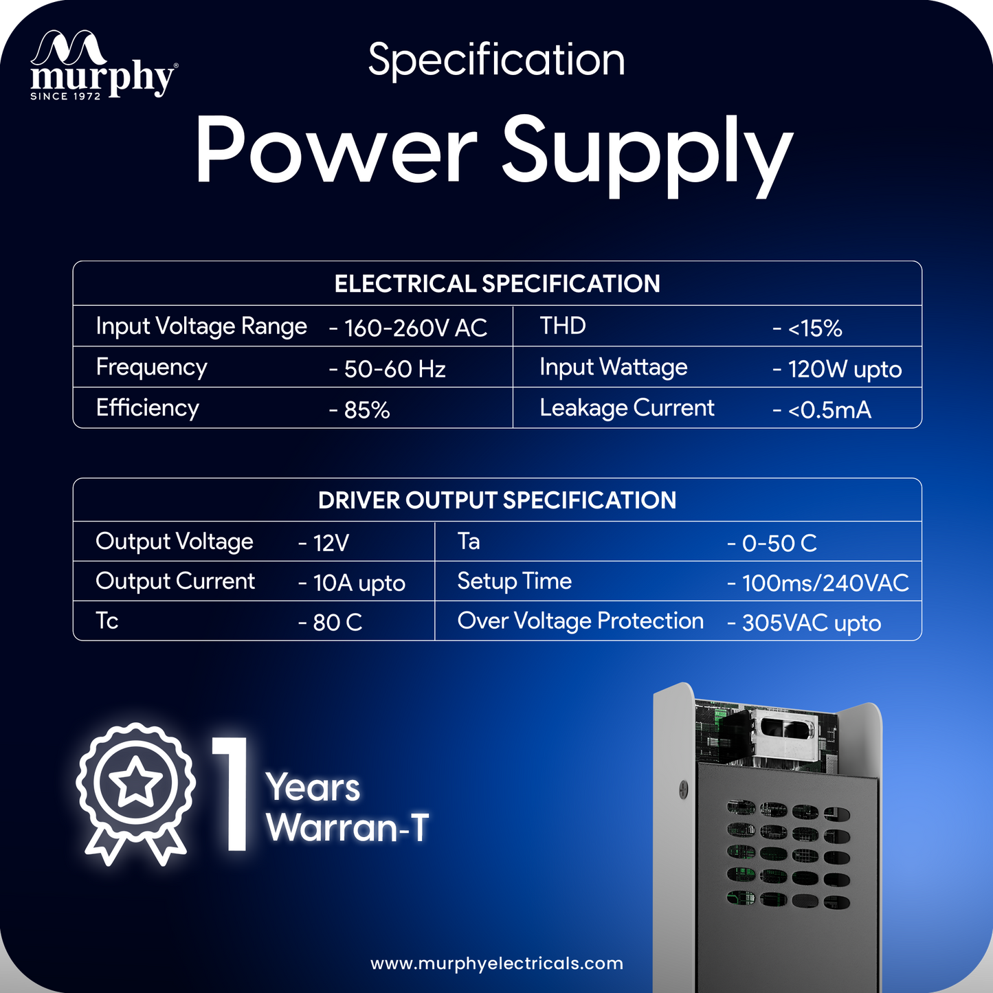 Murphy 10A 12V DC LED Driver (SMPS) | Constant Voltage Power Supply for Indoor LED Strip Lights | Aluminium Body | BIS Approved |  (1-Year Warranty)
