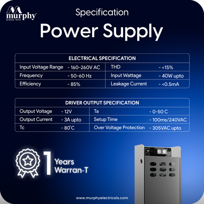 Murphy 3A 12V DC LED Driver (SMPS) | Constant Voltage Power Supply for Indoor LED Strip Lights | Aluminium Body | BIS Approved | (1-Year Warranty)