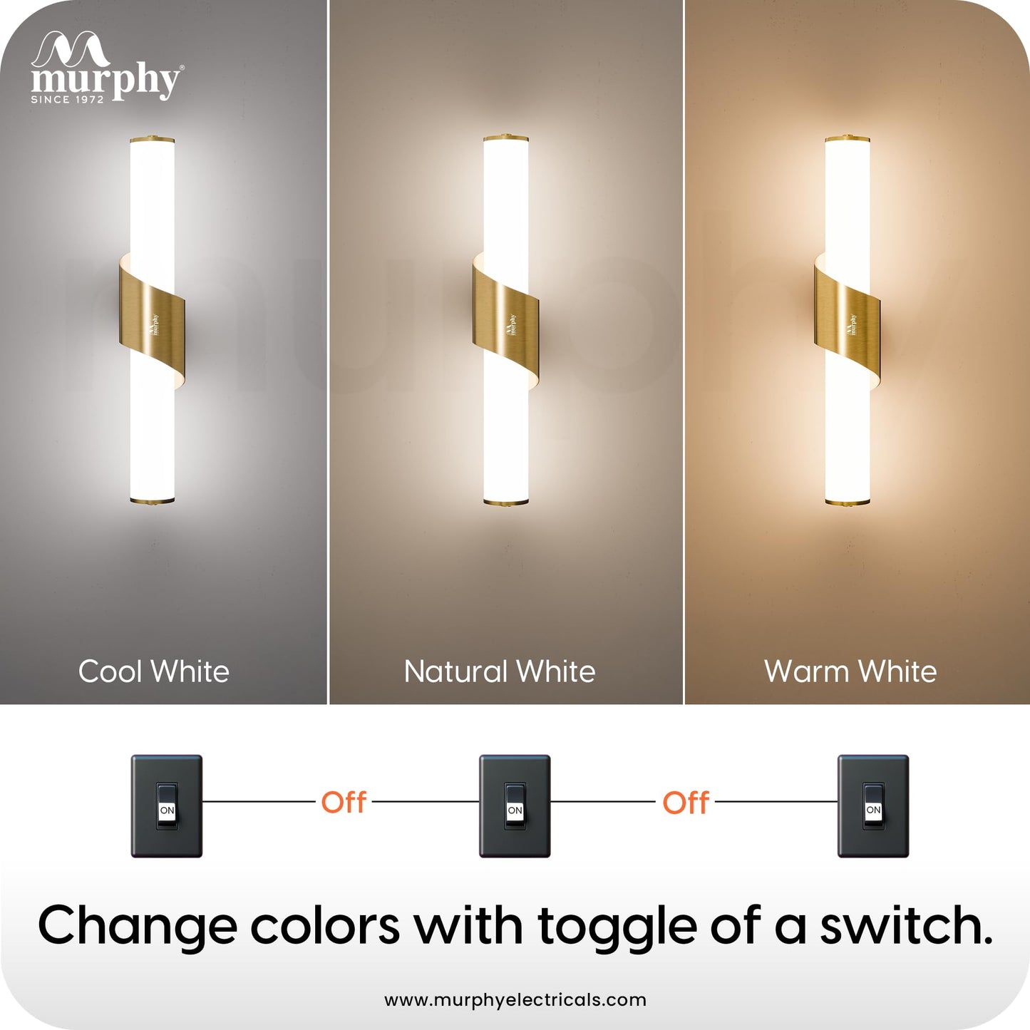 Murphy ALIX 18W LED Wall Lamp, 3C Color Changing (Cool White/Warm White/Neutral White), Golden Finish with Smoky Acrylic, Modern Wall Sconce for Bedroom, Living Room & Bedside