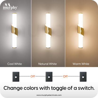 Murphy ALIX 18W LED Wall Lamp, 3C Color Changing (Cool White/Warm White/Neutral White), Golden Finish with Smoky Acrylic, Modern Wall Sconce for Bedroom, Living Room & Bedside