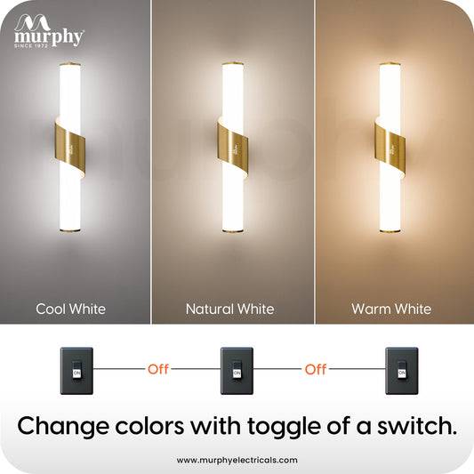 Murphy ALIX 18W LED Wall Lamp, 3C Color Changing (Cool White/Warm White/Neutral White), Golden Finish with Smoky Acrylic, Modern Wall Sconce for Bedroom, Living Room & Bedside