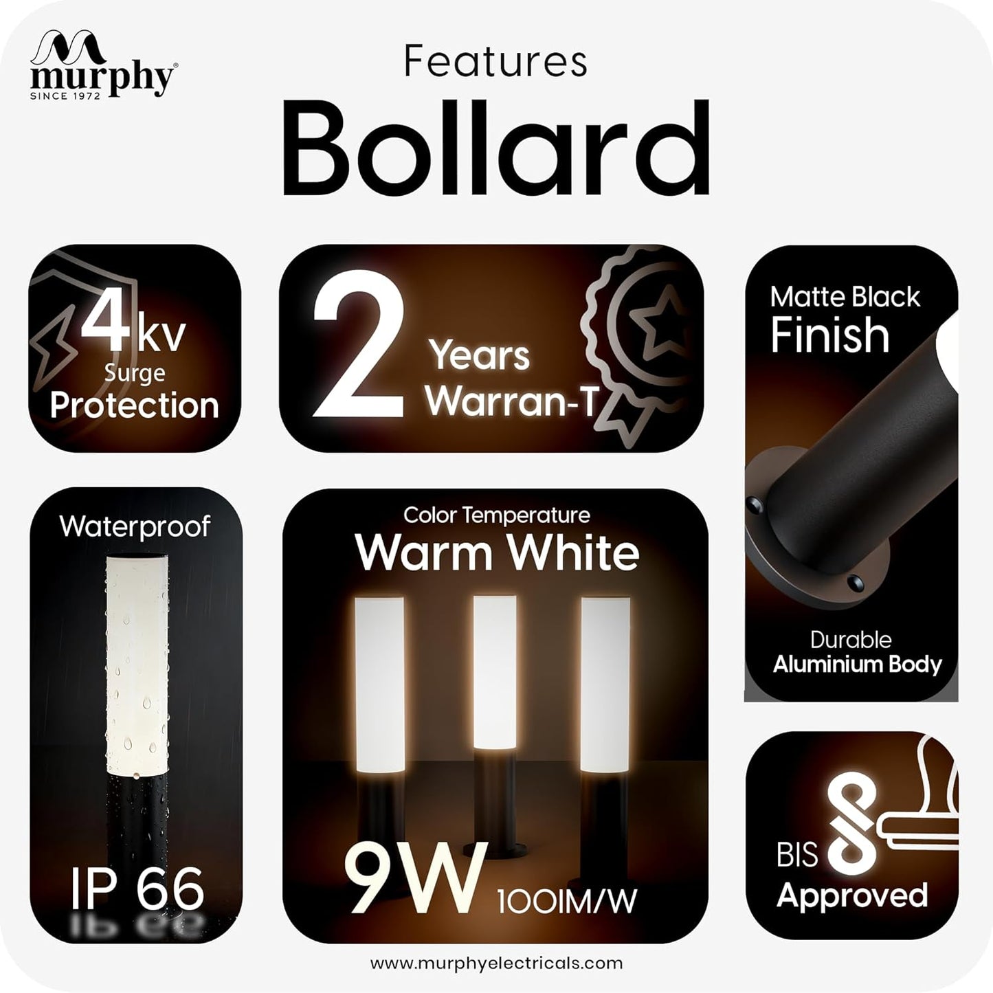 Murphy Premium 9W LED Bollard Light| Outdoor Waterproof IP65 Rustproof Garden & Pathway Light (1.5 Ft) with 2 Year Warranty |