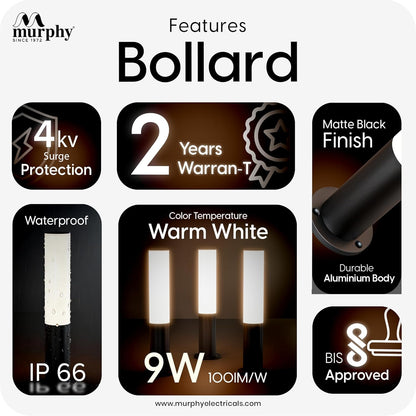 Murphy Premium 9W LED Bollard Light| Outdoor Waterproof IP65 Rustproof Garden & Pathway Light (1.5 Ft) with 2 Year Warranty |
