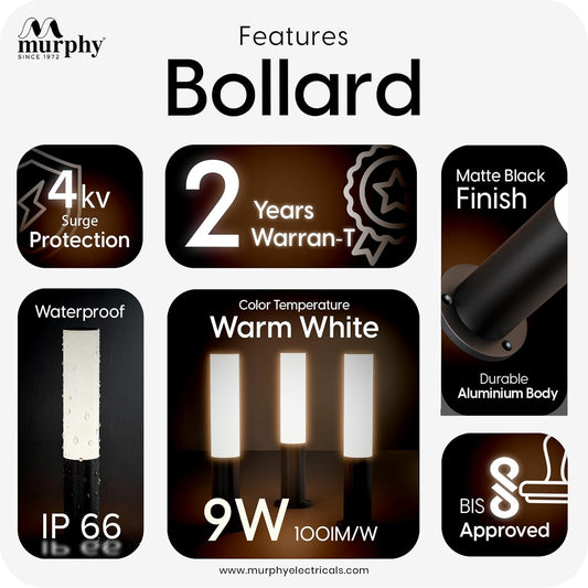 Murphy Premium 9W LED Bollard Light| Outdoor Waterproof IP65 Rustproof Garden & Pathway Light (1.5 Ft) with 2 Year Warranty |