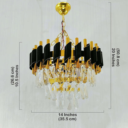 Murphy Black & Gold Crystal Pendant Light| 12 Inch Round Luxury Ceiling Chandelier with Metal Frame & Crystal Tubes for Living Room, Dining Room, Bedroom & Hall