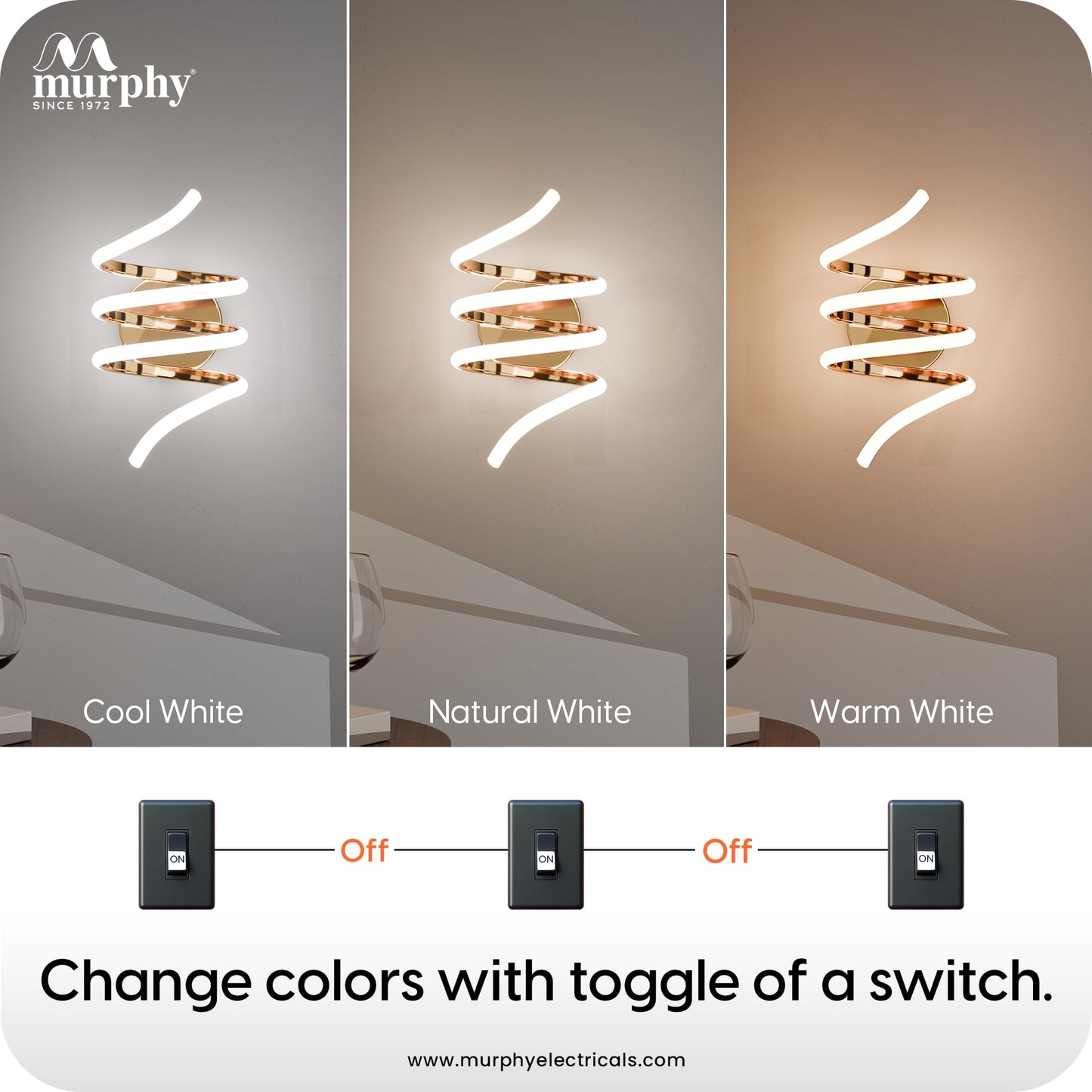 Murphy LED Spiro Wall Lamp| 15W Modern Spiral Wall Sconce with 3 Color Change | Warm White Natural White Cool White | Premium French Gold Aluminium Body | 2 Year Warranty