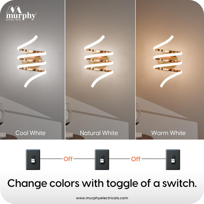Murphy LED Spiro Wall Lamp| 15W Modern Spiral Wall Sconce with 3 Color Change | Warm White Natural White Cool White | Premium French Gold Aluminium Body | 2 Year Warranty