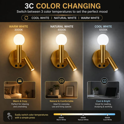 Murphy TWINOVA 6+3W LED Wall Light with Spot Light, 3C Color Changing (Warm/Natural/Cool White), Rose Gold Finish, Metal & Acrylic Wall Lamp, BIS Approved, 2 Year Warranty