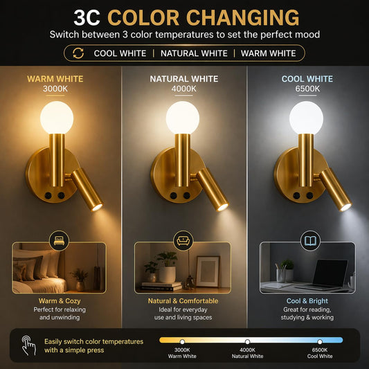 Murphy TWINOVA 6+3W LED Wall Light with Spot Light, 3C Color Changing (Warm/Natural/Cool White), Rose Gold Finish, Metal & Acrylic Wall Lamp, BIS Approved, 2 Year Warranty