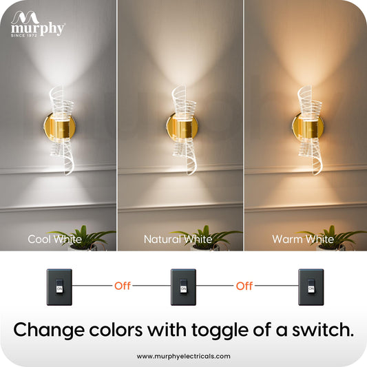 Murphy Flame ARC 10W LED Wall Light, 3C Color Changing (Warm/Natural/Cool White), Golden Finish, Acrylic & Metal Wall Lamp for Bedroom & Living Room, BIS Approved, 2 Year Warranty