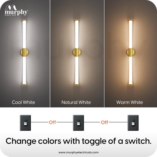 Murphy VELORA 18W LED Mirror Light, 3C Color Changing (CW/WW/NW), Golden Finish, Wall Mounted Vanity & Picture Light for Bathroom & Dressing, Modern Indoor Light, 2 Year Warranty