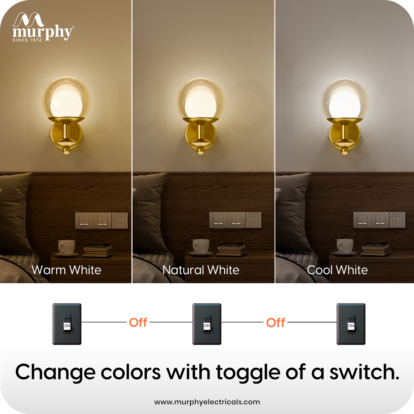 Murphy Solvix 5W Decorative LED Wall Light | 3 in 1 Colour Change | Premium Golden Finish | Aluminium Body | Borosilicate Glass |