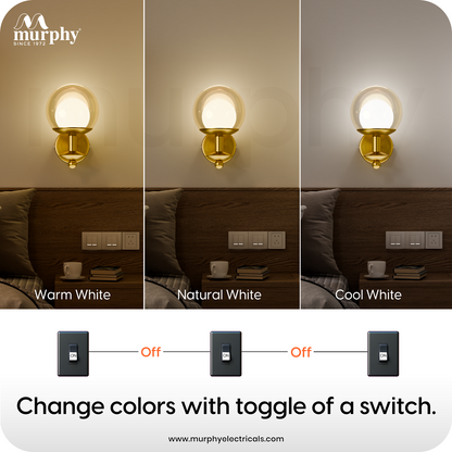 Murphy Solvix 5W Decorative LED Wall Light | 3 in 1 Colour Change | Premium Golden Finish | Aluminium Body | Borosilicate Glass |