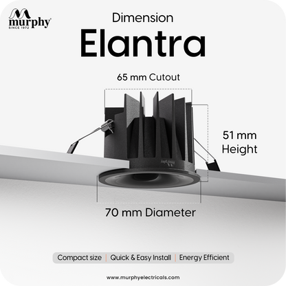 Murphy Elantra Noir 7W COB LED Downlight | Black Reflector | Warm White Recessed Ceiling Spot Light | Aluminium Housing | 700 Lumens | 4kV Surge Protection | BIS Approved | 2 Year Warranty