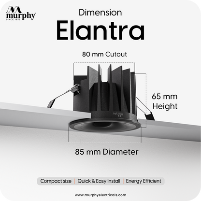 Murphy Elantra Noir 12W COB LED Downlight | Black Reflector | Warm White Recessed Spot Light | Aluminium Housing | 700 Lumens | 4kV Surge Protection | BIS Approved | 2 Year Warranty